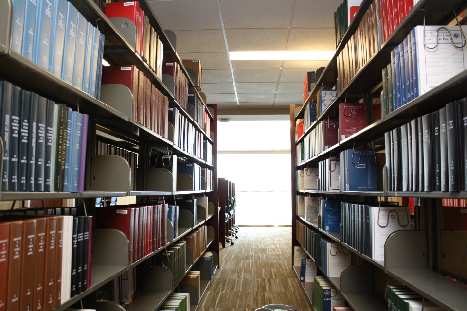 A view of the library books at Vincent C. Immel Law Library