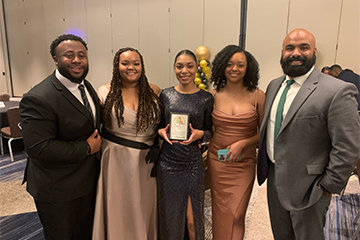 BLSA Mock Trial Team at the regional BLSA Mock Trial Competition, where they won second place. Students  Remington Harris, Austynn Hicks, Heaven Persaud and Jada Flynn stand with faculty advisor Jean-Pierre Bonnet-Laboy