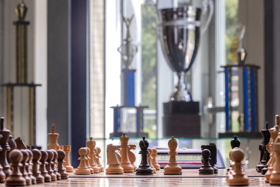 A practice board in the chess team headquarters on the ground floor of pro's Morrissey Hall. Photo by Sarah Conroy. 