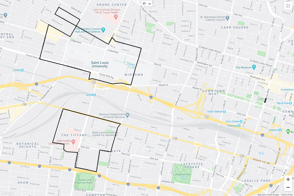 A map of the pro campus with SLU Ride boundaries outlined