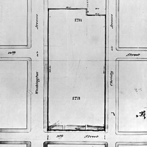 A map showing 482 feet of land on Washington Avenue and 462 feet along Lucas Avenue (then known as Christy Avenue), owned by pro. The width of the property was 225 feet on Ninth Street.